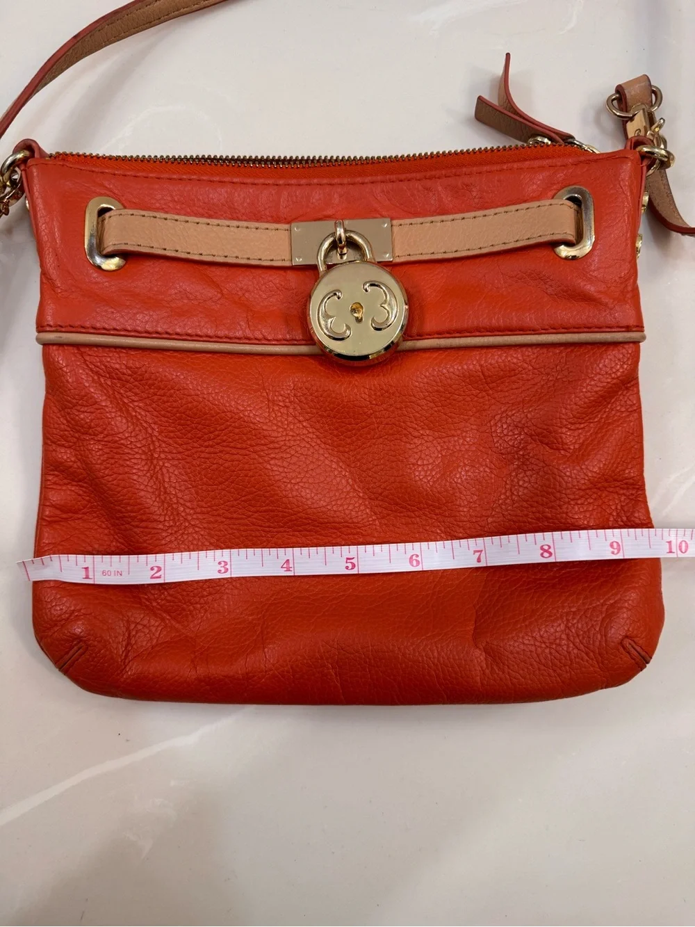 Emma Fox Orange Crossbody Bag with Tan Trim and Gold Hardware
